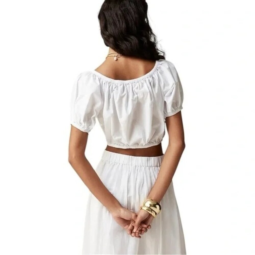 J. Crew White Cinched Waist Puffed Short Sleeve Cropped Top Size Medium - Picture 2 of 7